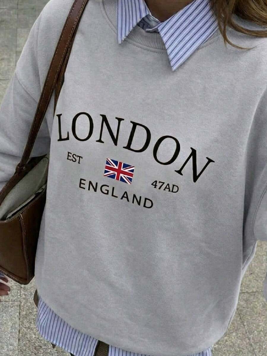 Women's Casual Crew Neck Sweatshirt, London Style, With Graphic Print In English, Versatile For Everyday Wear, Autumn/Winter - Xám - Xem 1
