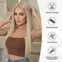 ROALYUV Lace Front Long Straight Layered Wig With Blonde Highlights For Women, Natural Hairline Synthetic Wig, Heat Resistant Fiber, Breathable Adjustable Cap, Soft Smooth And Fluffy, Easy To Wear & Style, Ideal For Daily Wear, Party, Cosplay, Dating And All Occasions - Màu xám nhạt ánh vàng chuyển sắc - Xem 10