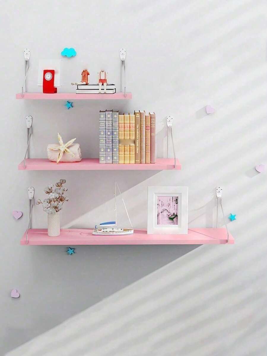 1pc (Hook Included) Partition Shelf, Wallmount Floating Shelf, No Drilling Required, Wall Decor For Bedroom, Study, Living Room, Bathroom, Kitchen, Wooden Storage Rack - Pink - View 1