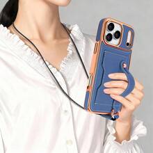 VIETAO Crossbody Lanyard Strap Wrist Band Golden Electroplated Girls Faux Leather Phone Case Compatible With Iphone 17 16 15 14 13 12 Pro Max Card Slot Mobile Cover - Blue - View 9