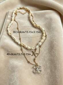 Bộ 2 chiếc vòng cổ hạt vỏ sò phong cách bãi biển mùa hè với mặt dây chuyền CC đính đá Cubic Zirconia lấp lánh, trang sức vòng cổ pha lê kiểu dáng sang trọng, phù hợp cho phụ nữ đeo hàng ngày và dự tiệc. - Bộ dây chuyền hai lớp chủ đề đại dương - Xem 3