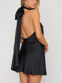 Women's Halter Neck Satin Mini Dress Sleeveless Backless Ruched Slim High Neck Solid Color Bodycon Short Dresses Evening Party Dress Wedding Guest Dresses Formal Dress - màu đen - Xem 7