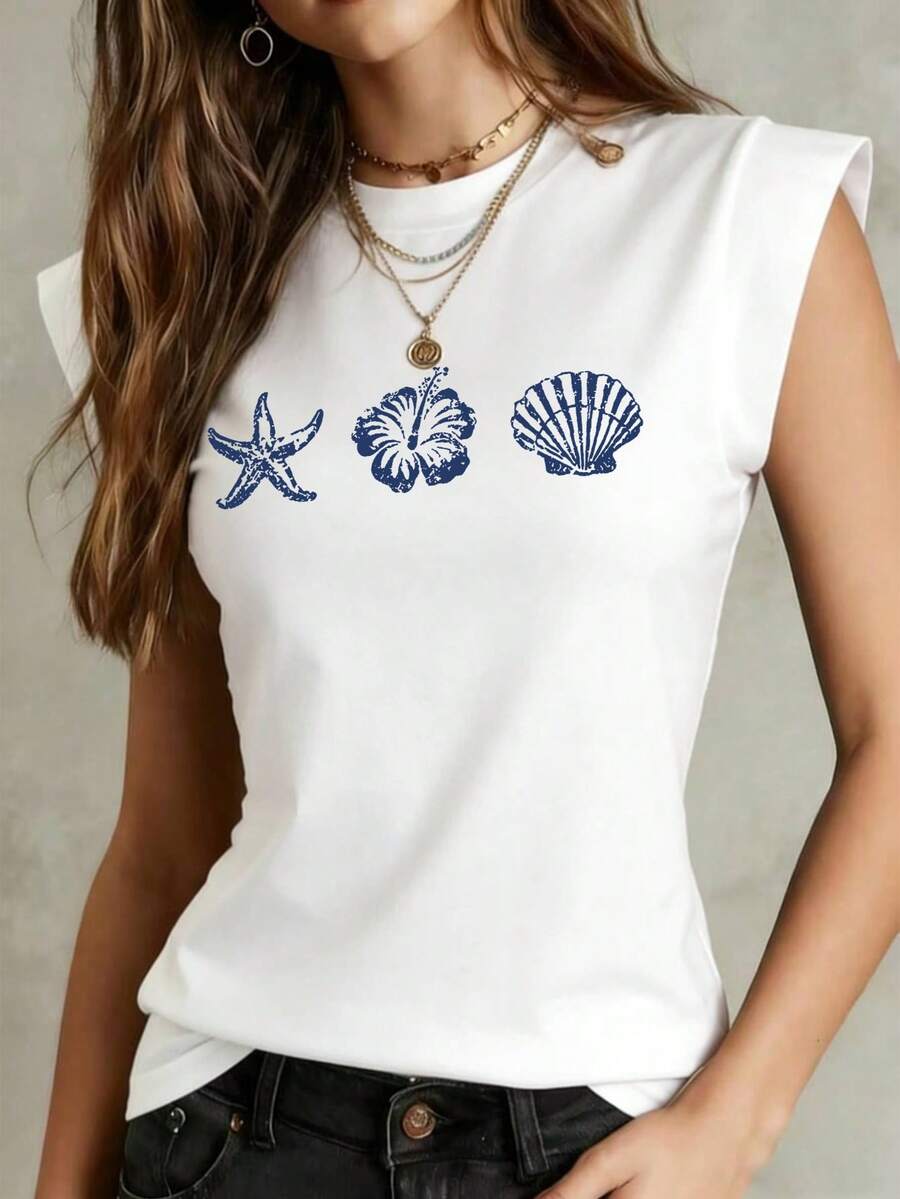 女士清新海洋风海星贝壳印花背心，宽松无袖设计，透气舒适面料，休闲度假风，圆领无袖背心，是夏季海滩度假/海边漫步/泳池派对的理想之选 - 白色 - 查看 1