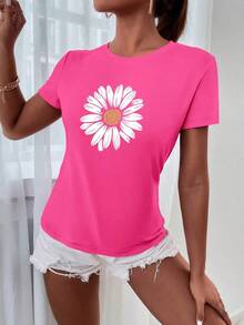 Camiseta de algodón 100% con cuello redondo, manga corta y estampado de perlas falsas, top casual de verano para mujer - Rosa Fucsia - Ver 3