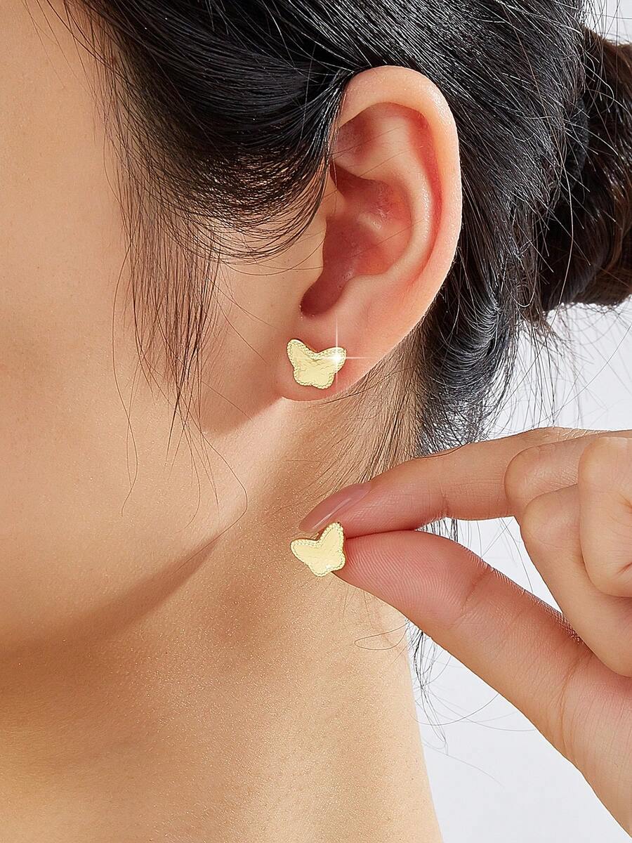 Mgyi Jewelry 镀金精致蝴蝶耳钉,锤纹串珠蝴蝶耳环,低过敏性日常佩戴饰品,可爱小巧的耳环,送给她的礼物 - PEH-079 - 查看 1