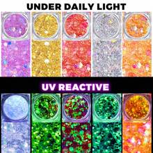 Gel nhũ UV phát sáng trong bóng tối 5 màu, gốc nước, dạng hạt to, khô nhanh, tự dính, dùng cho cơ thể và mặt, nhũ neon phát sáng, phụ kiện trang phục lễ hội Mardi Gras, Carnival, Halloween, DIY, Rave, EDM, lễ hội, màu cầu vồng - Nhiều màu - Xem 6