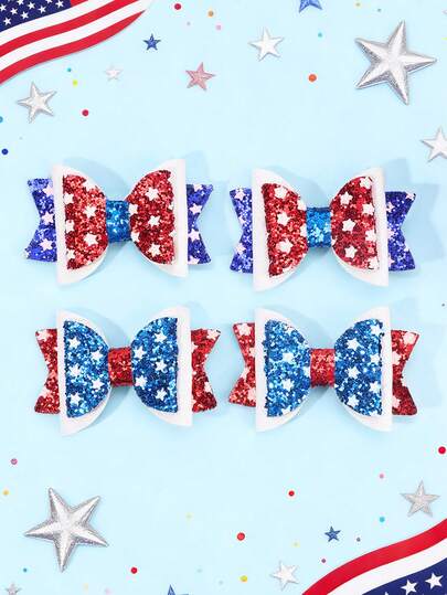 4pcs 4th Of July & USA Flag Day Patriotic Hair Clips, Glitter Bling Star Independence Day Hair Bows, White Blue Red Swallow Tail Hairpins, Cute Hair Accessories For Girls Teens Gifts,Party
