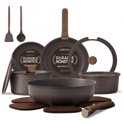 CAROTE 17PCS Pots And Pans Set Non Stick With Detachable Handle, Nonstick Cookware Sets, Cooking Kitchen Set, Oven/Dishwasher , Induction Cookware, Brown, RV Kitchen Pot And Pan