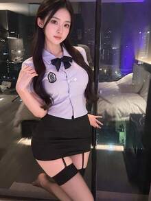Pure Desire Spicy Girl JK Uniform Four Piece Set American University Style Baddie Uniform Set: Short Sleeved Shirt With Belt+Tight Skirt - Pure And Charming Student Outfit "Female Student Costume" "Y2K Baddie" "Sexy Uniform" - 8473+黑開檔襪 - 查看 6