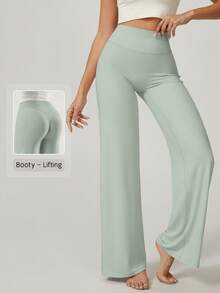 NcmRyu 1pc Women Solid Color Loose Fit High Waist Wide Leg Sports Pants - Green - View 2