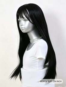 Tóc giả dài thẳng cho bé gái, có mái tự nhiên, chịu nhiệt, thích hợp dùng hàng ngày, hóa trang, đội đầu kín. - màu đen - Xem 3