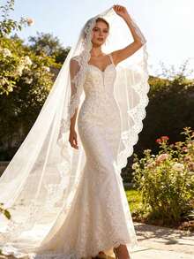 1pc Lace Trim Bridal Veil With Metal Hair Comb, Suitable For Church Wedding, Garden Wedding, Waltz, Romantic Civil Ceremony, Wedding Photography Props, Party & Event Accessories, Valentine's Day Gift, Wedding Decor, Church Wedding, Banquet Party, Formal Occasions, Gala, Christmas Gift, Church Style Photoshoot, Birthday Gift, Cosplay, Birth Party, Valentine's Day Gift, Casual Floral Print - Multicolor - - View 8