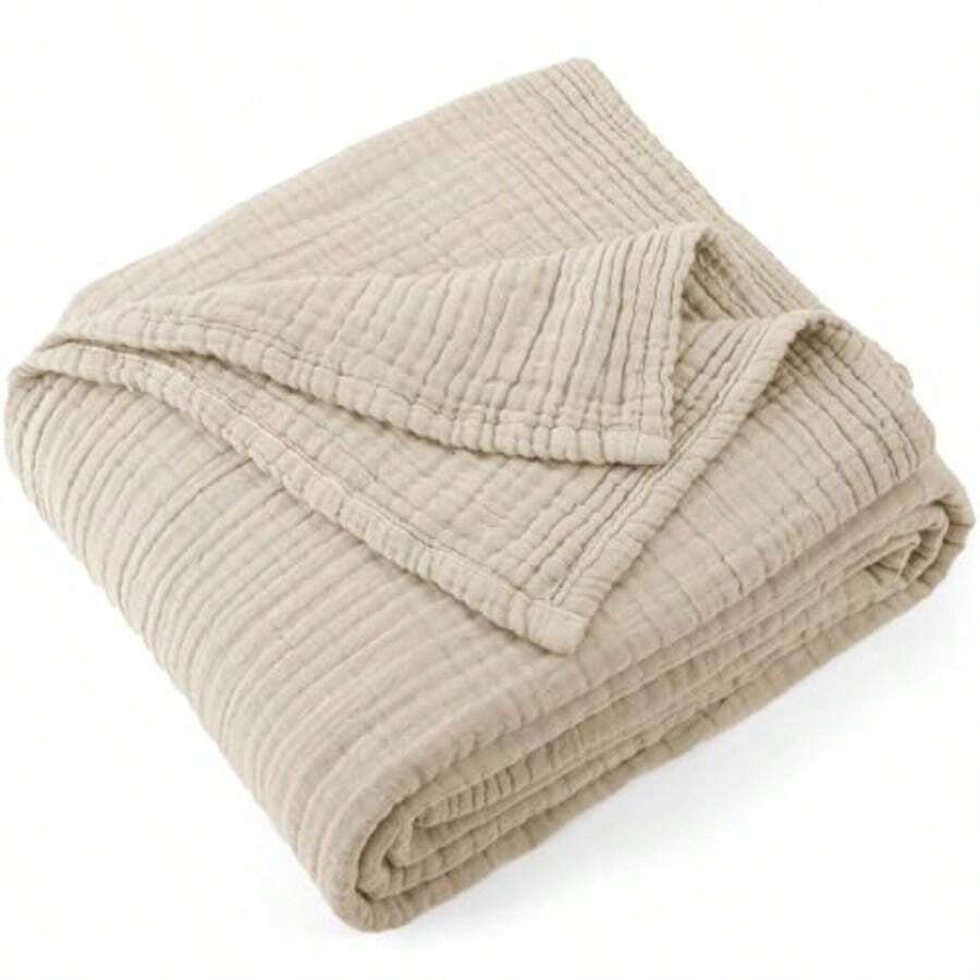 Carriediosa - Manta de muselina 100% algodón de 90 x 90 pulgadas tamaño queen 4 capas de gasa de verano para sofá mantas de lino suave y ligera y transpirable para adultos durante todas las - Caqui - Ver 1