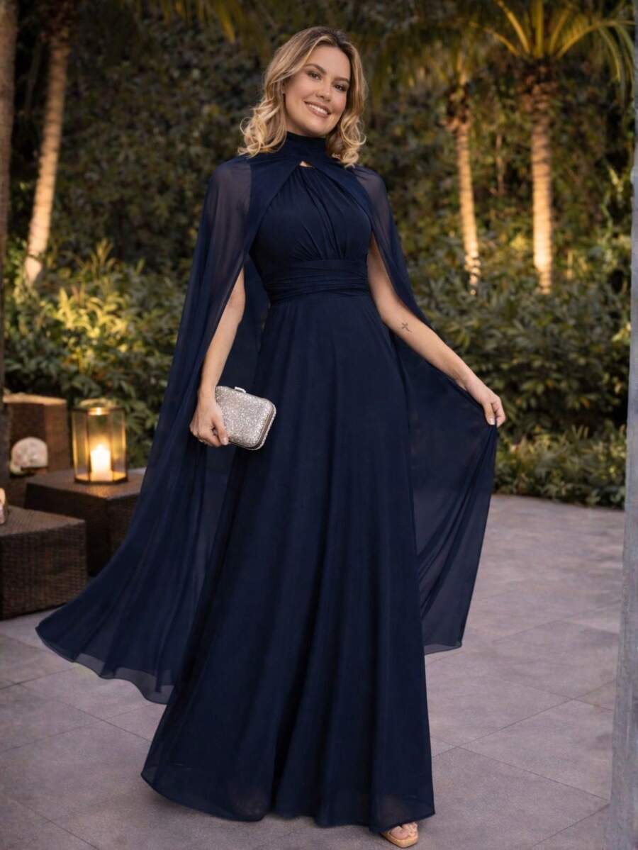 Bridesmaid Dress With Long Cape - Azul Marino - Ver 1