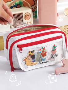 1pc Cute Multi-Layer Animal Print Pencil Bag, Japanese Minimalist Niche Stationery Pouch, Adorable Dog Bear Bread Pattern Pen Storage Bag, Built-In Mesh Pen Holder, Transparent Front Pocket For School Supplies, Daily Use - Multicolor - View 9
