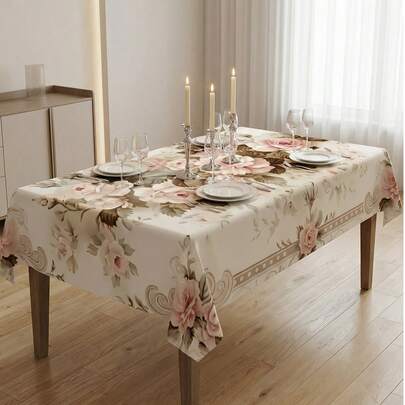 1 chiếc khăn trải bàn hình chữ nhật màu be in họa tiết hoa hồng hồng, phong cách cổ điển Pháp sang trọng, chất liệu polyester chống bám bẩn, chống thấm nước, viền trang trí uốn lượn, chống dầu mỡ và bụi bẩn, có thể giặt và tái sử dụng.