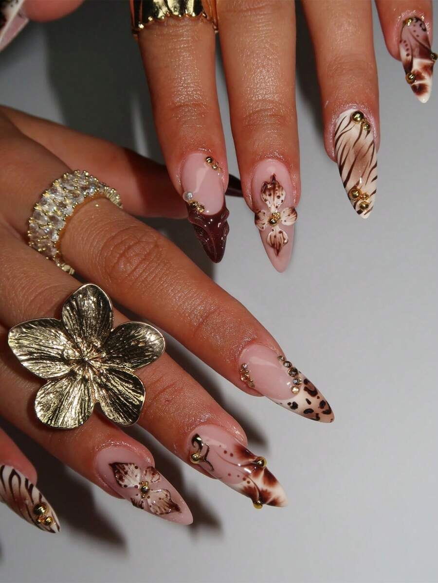 Transform Your Nails With This 24pcs/Set Gorgeous And Elegant Brown Leopard Print Gradient French 3D Flower Ripple Three-Dimensional Rhinestone Embellished Almond-Shaped Press-On Nails, Including Jelly Glue And A Nail File, Perfect For Girls And Women For Daily Gatherings And Parties, Autumn Nails - Multicolor - View 1