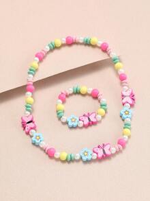 2pcs/Set Butterfly, Flower, Unicorn, Rainbow Wooden Pendant Necklace And Bracelet Jewelry Set, Suitable For Little Girls And Princesses, Daily Wear, Children's Party And Birthday Gift - Multicolor - View 2