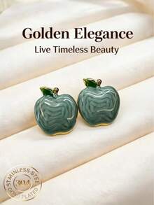 1 par de pendientes de botón elegantes y de lujo vintage con forma de manzana de esmalte verde para mujer, pendientes de fruta lindos adecuados para uso diario y regalos de vacaciones - Multicolor - Ver 2