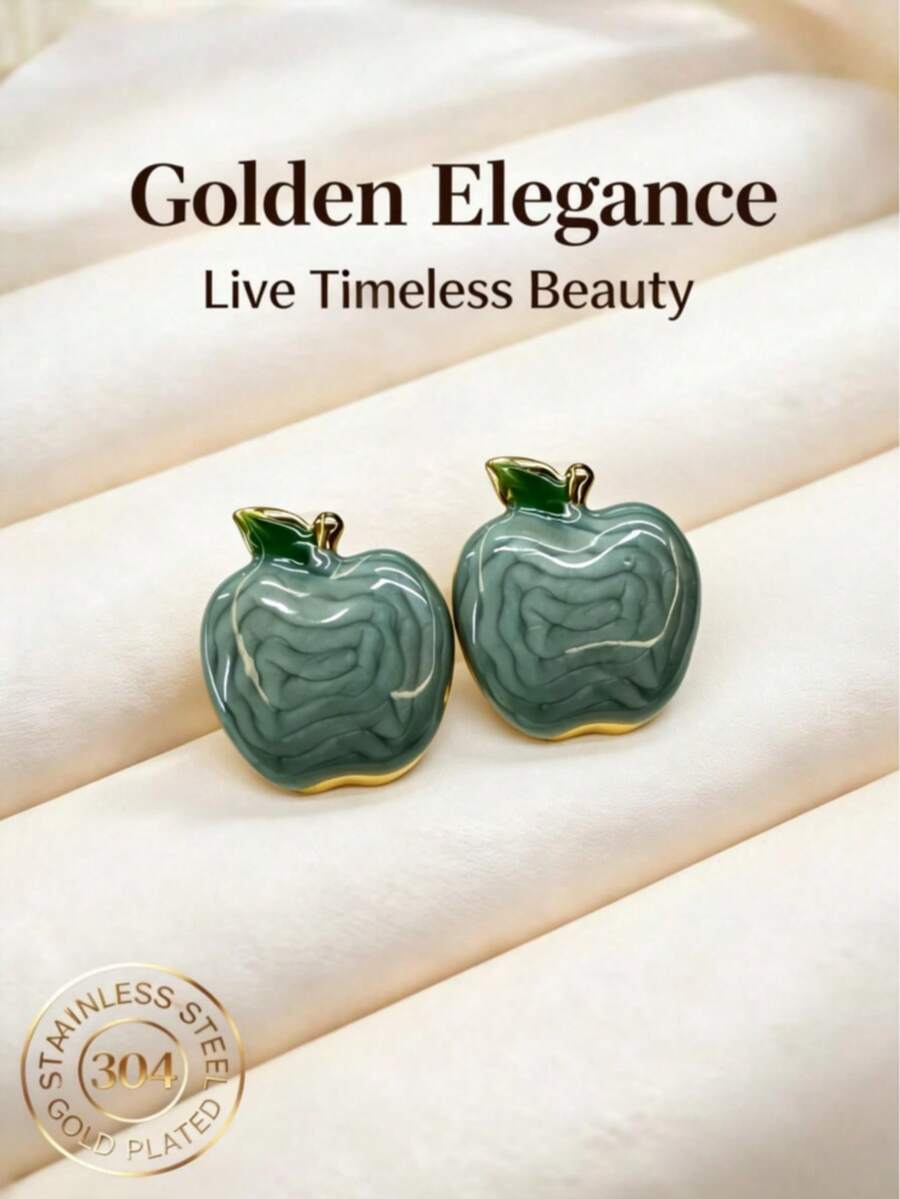 1 par de pendientes de botón elegantes y de lujo vintage con forma de manzana de esmalte verde para mujer, pendientes de fruta lindos adecuados para uso diario y regalos de vacaciones