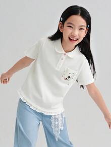 Balabala 2026 女孩夏季 Polo 衫，柔軟棉質短袖上衣，透氣輕量面料，甜美學院風 - 本白 - 查看 3