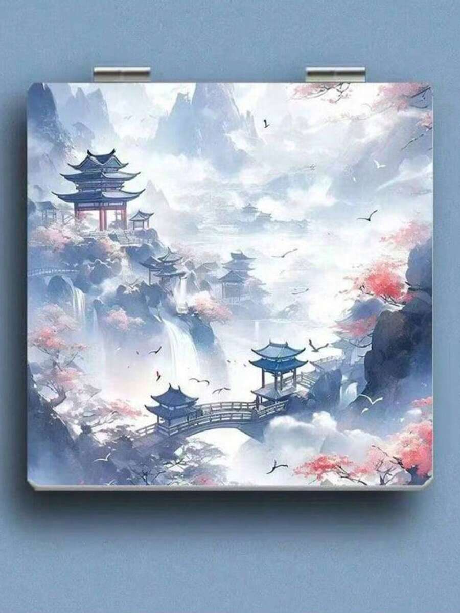 1个方形双面玫瑰图案迷你化妆镜,圆形蝴蝶折叠双面镜,可折叠,便携,旅行口袋化妆镜,迷你翻盖放大化妆镜 - 彩色 - 查看 1