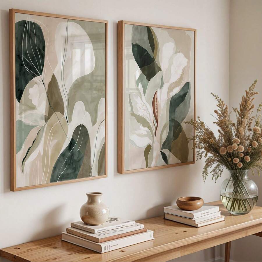 2pcs Gray Green Abstract Leaf Decorative Painting Set, Neutral Beige Botanical Poster, Modern Minimalist Living Room Bedroom Decor (Unframed) - A - View 1