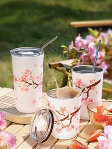 1pc Women's Sakura Flower Insulated Tumbler With Lid, Pink Floral Pattern, Double-Wall Vacuum Design, Suitable For Carrying Hot Drinks Like Coffee And Tea Outdoors, Travel Coffee/Tea Cup, Gift For Women, Family, Friends - Multicolor - View 4