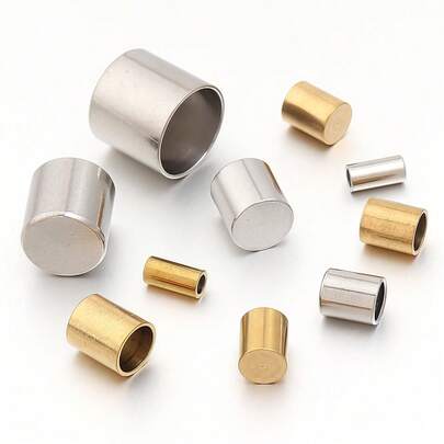 10/20个/包 不锈钢平底无孔皮绳帽，手工绳索压接圆底扣，简约防锈圆柱形串珠饰品配件，适用于DIY
