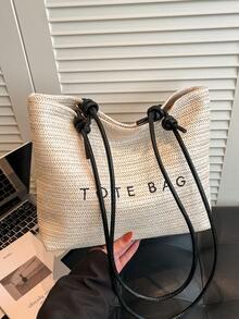 Straw Woven Casual Large Capacity Minimalist Shopping Tote Bag, Suitable For Vacation And School - Beige - View 9
