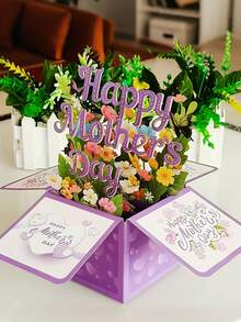 1/3/4件套母亲节鲜花礼盒 - 内含逼真的仿真玫瑰花束、3D立体母亲节贺卡、牛皮纸花包装袋和丝带。3D立体花束礼盒，紫色花束礼盒；花瓣柔软，枝条内置铁丝，可自由造型。 - 彩色 - 查看 5