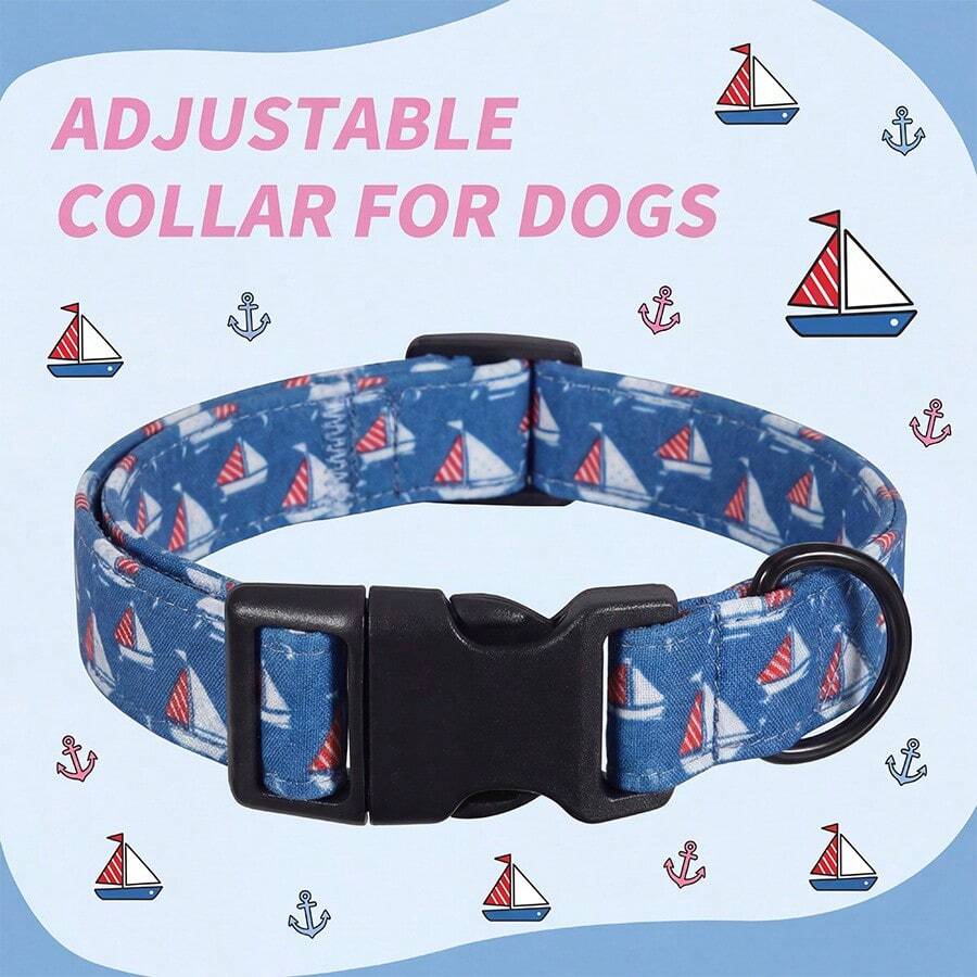 帆船图案狗项圈 - 蓝色航海设计 - 可调节黑色五金配件 - 适合小型、中型、大型幼犬 - 混合色 - 查看 1