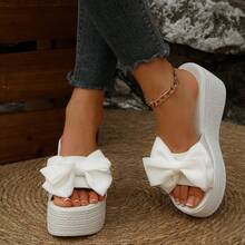 Women's Bow Decor Platform Wedge Slide Sandals, Comfortable Open Toe Beach & Casual Outdoor Slippers - White - View 4