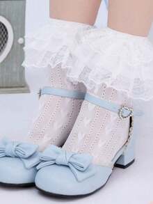 1 Pair Of Women's Cute Lace Ruffle And Bow Design Three-Layer Socks, Japanese Style Valentine's Day Valentines - 白色 - 查看 9