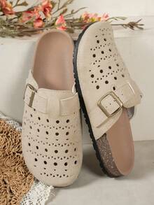 1 Pair Solid Color Casual Hook And Loop Hollow Sandals, Suitable For Indoor And Outdoor Wear, All Seasons - Beige - View 1