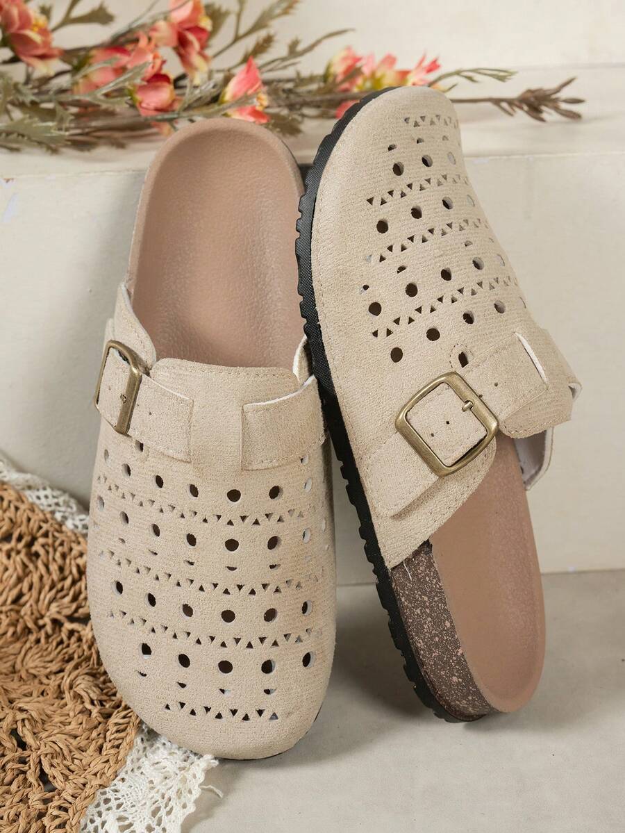 1 Pair Solid Color Casual Hook And Loop Hollow Sandals, Suitable For Indoor And Outdoor Wear, All Seasons - Beige - View 1