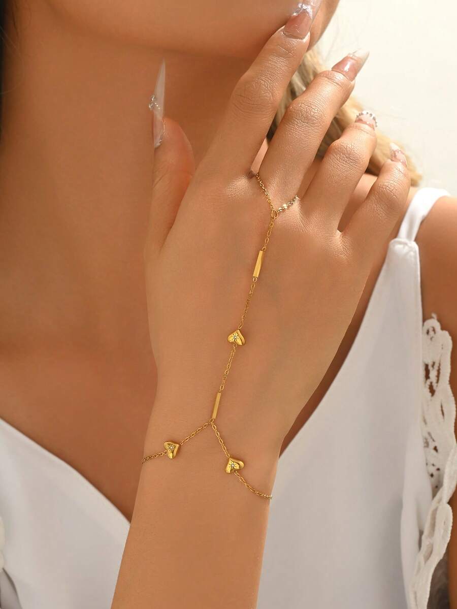 1pc 18K Gold Plated Minimalist Heart Hand Chain Bracelet, Cubic Zirconia Decor Heart Pendant Stainless Steel Finger Bracelet, Suitable For Women's Daily Wear And Gift - Gold - View 1