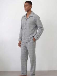 Snug League 1set Men Plaid Pattern Contrast Color Trimmed Long Sleeve Top And Pants Homewear Suit For Spring/Autumn, Breathable And Sweat-Absorbing, Fall Winter Clothes - Light Grey - View 3