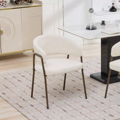 Modern Chenille Dining Chair, Upholstered Chaise Lounge With Vintage Brass Metal Legs, For Kitchen And Dining Room, Single Handle, Beige, SW1876BG