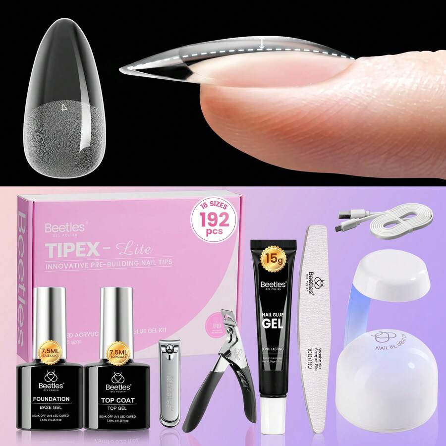 Beetles Tipex Lite Pre-Built Apex Nail Tips Kit, Stiletto Medium, With Tipex Nail Glue, All-In-One Gel Nail Kit - Tipex Lite-almond Medium 192pcs Kit - View 1