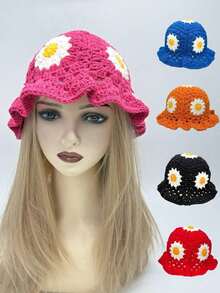 1pc Y2K Style Handmade Floral Crochet Fisherman Hat For Women, Colorful Hollow Knitted Fisherman Hat Suitable For Casual, Vacation, Boho Street Style (Random Patchwork) - Bát quái - Xem 1