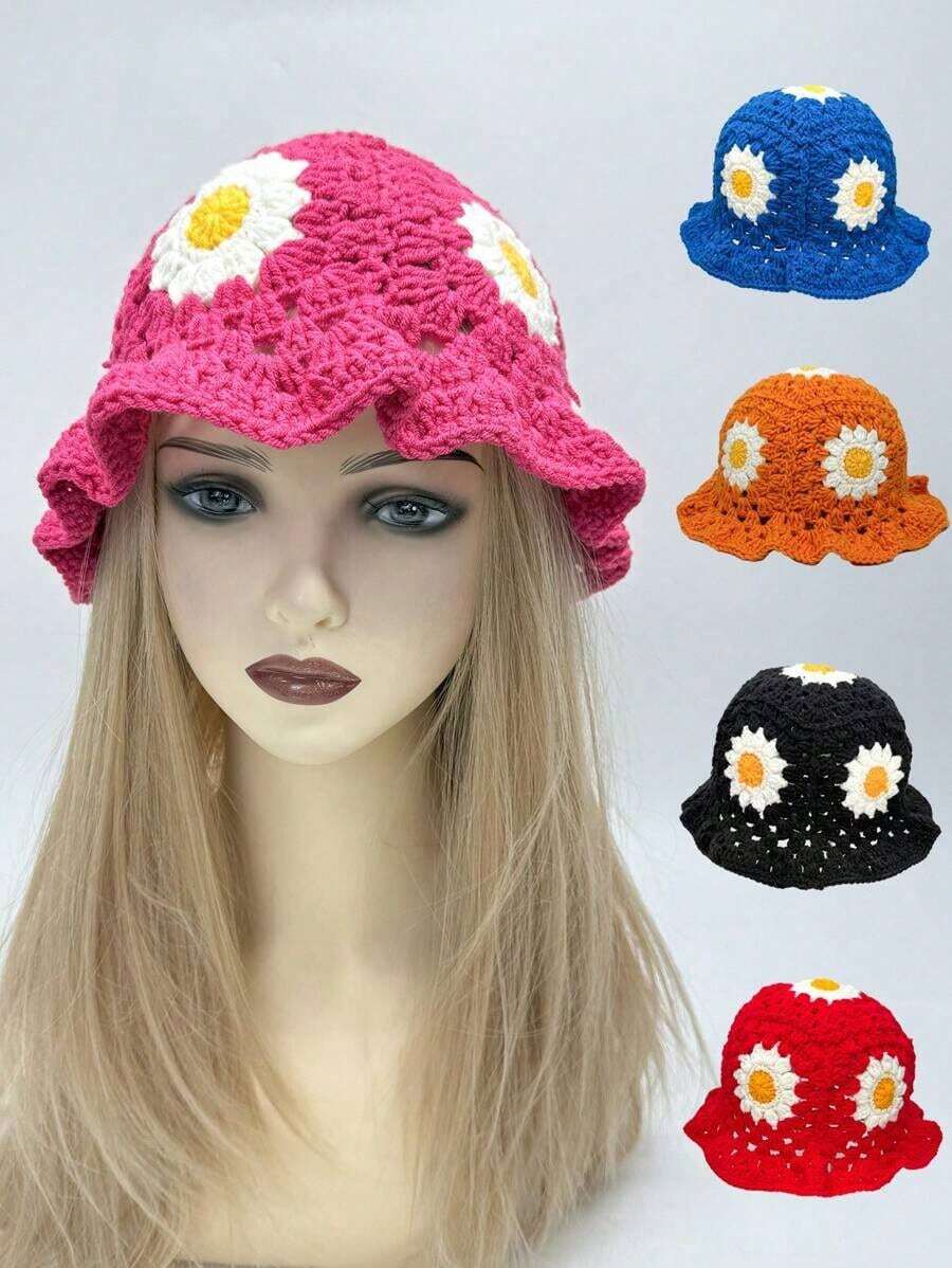 1pc Y2K Style Handmade Floral Crochet Fisherman Hat For Women, Colorful Hollow Knitted Fisherman Hat Suitable For Casual, Vacation, Boho Street Style (Random Patchwork) - Bát quái - Xem 1