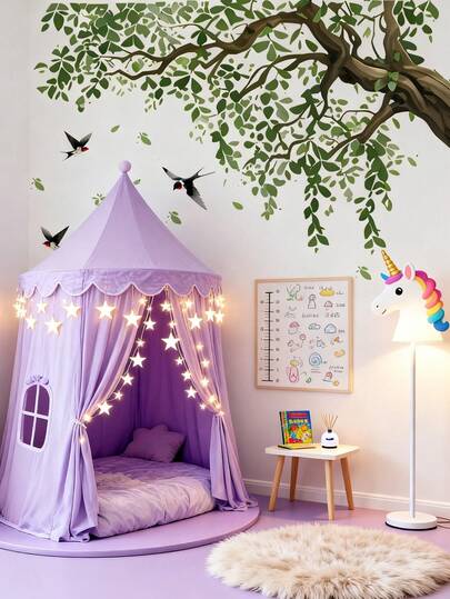 Watercolor Green Trees, Cactus, Birds Wall Stickers, Removable Wall Paper Art Decor, Suitable For Baby Nursery, Girls Room Decor, Baby Shower Party Supplies, Cute Room Decoration, Children's Bedroom, Infant Room, Pink Room Decor, Girls Bedroom, Baby Girl Room