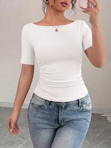 PRETTYGARDEN Womens Summer Short Sleeve Tops Boat Neck Ribbed Knit Slim Fit T Shirt Casual Basic Top Y2K Clothes - 淺白色 - 查看 1