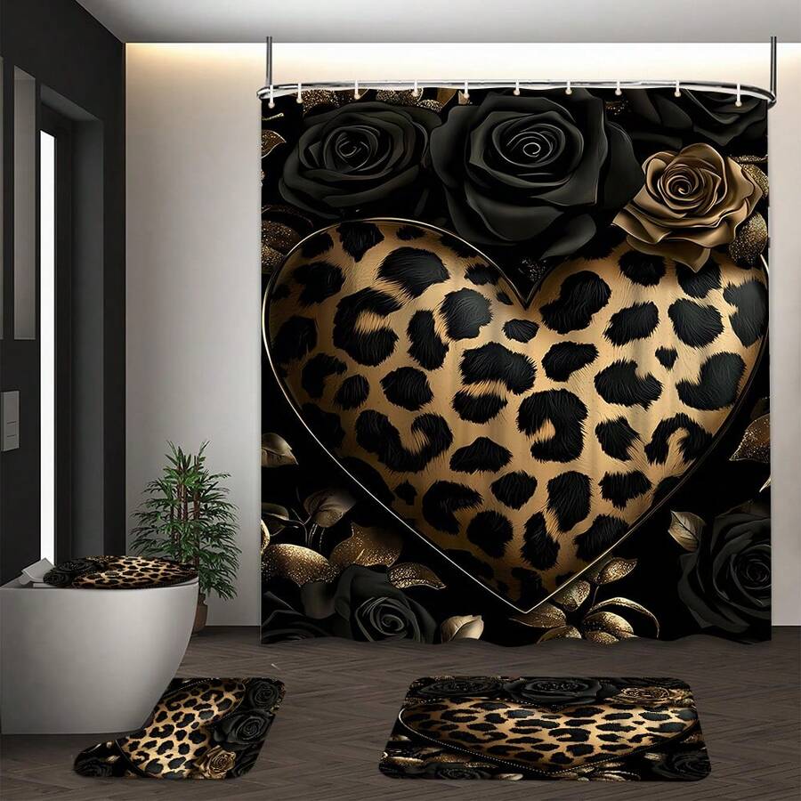1/4 Piece 2D Flat Elegant Animal Print Apartment Bathroom Shower Curtain, Hotel Shower Curtain Set With 12 Hooks, Bathroom, Drawer Stand And U-Shaped, Bathroom Decor, Shower Curtain Set 4 Pieces - A - View 1
