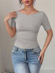 PRETTYGARDEN Womens Summer Short Sleeve Tops Boat Neck Ribbed Knit Slim Fit T Shirt Casual Basic Top Y2K Clothes - 淺灰色 - 查看 3