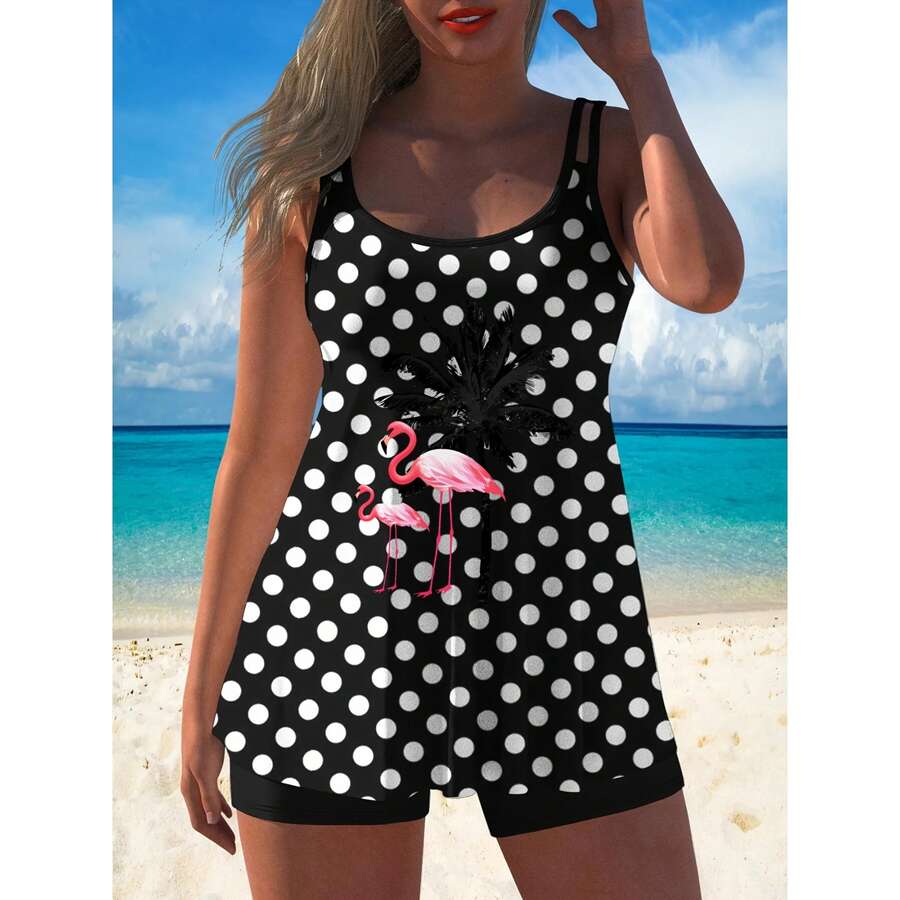 Pink Flamingo Hawaii 2pcs Tankini Swimsuits Stretchy Swim Tops Hide Tummy Bathing Suit Shorts - 混合顏色 - 查看 1