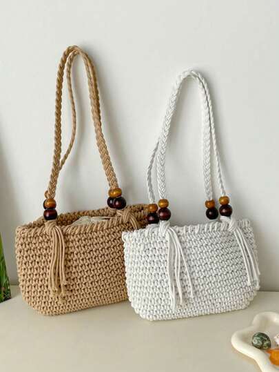 Tassel Decor Woven Shoulder Bag, Drawstring Inner Pocket, Casual Commuter Style, Summer Beach Vacation Crochet Bag
