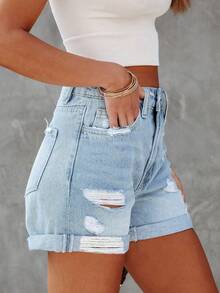 ARWY Women's Casual Distressed Denim Shorts With Pockets And Buttons, Fashionable Non-Stretch Straight Leg Hotpants, Suitable For Boho Summer Styles - Light Wash - View 2