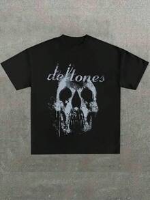 Unisex T-Shirt Made Of Pure Cotton, Men's Rock N' Roll Music T-Shirt, Skull And Defton Band Tribute Printed Casual Soft Short Sleeve Pure Cotton T-Shirts, Summer Shirt, Blouse, Basic Tops, Soft Cotton, Casual Everyday Wear, Cool Style, Ideal For School Wear, Bold Style, Casual Everyday Wear - 黑色 - 查看 1
